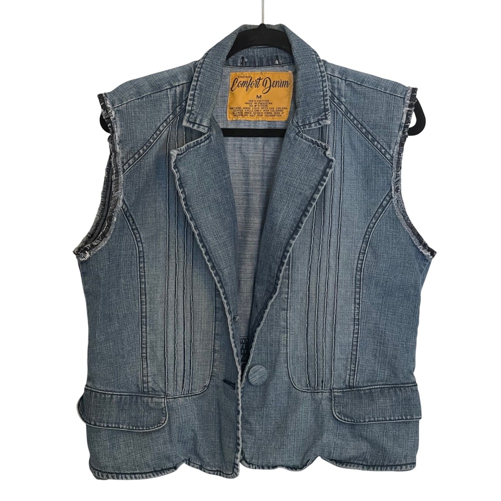 Vintage Comfort Denim Womens Blue Cotton Pintuck Pleated Frayed Denim Vest Med